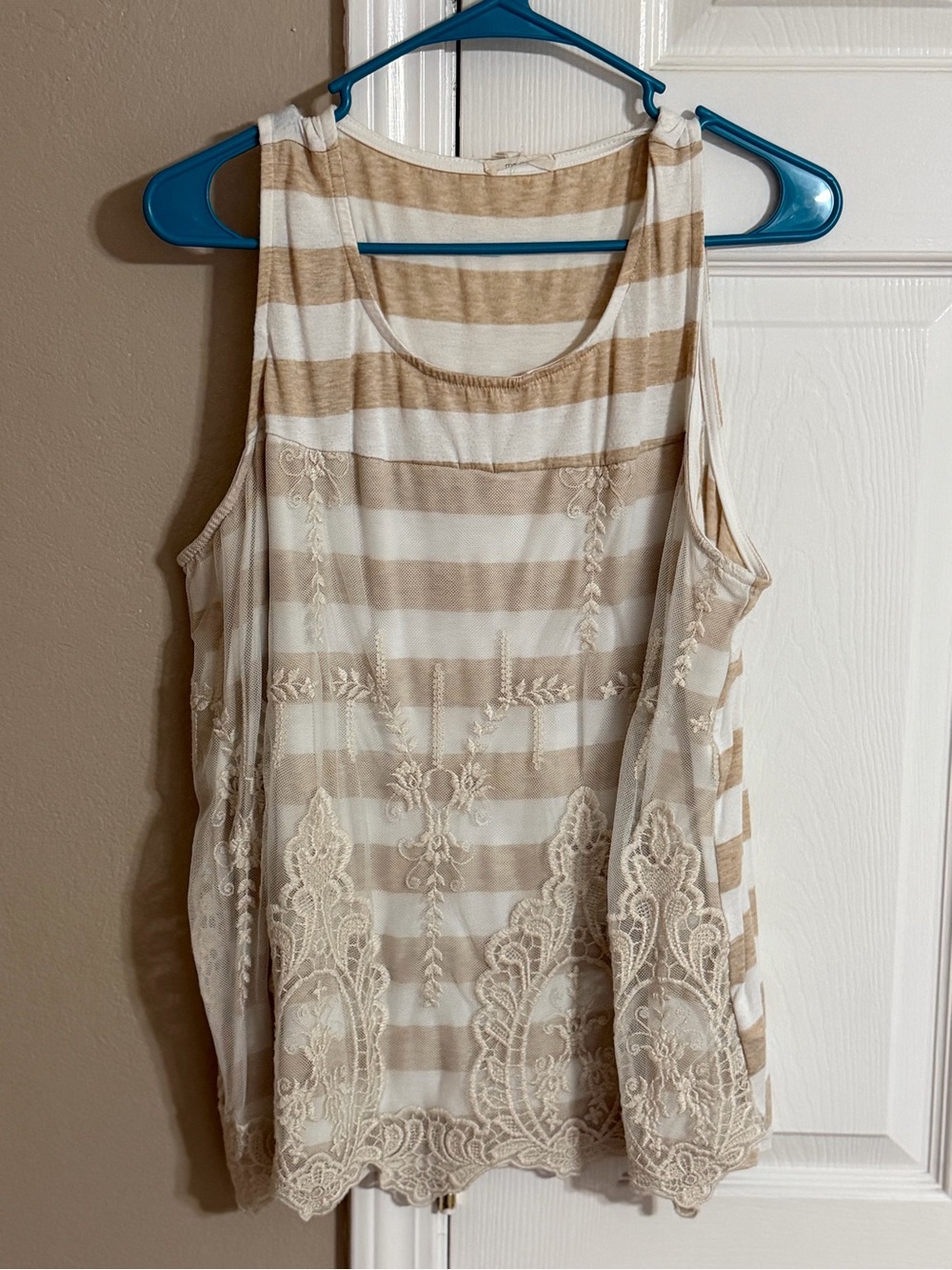 Maurices Beige & White Striped Lace-Trim Tank